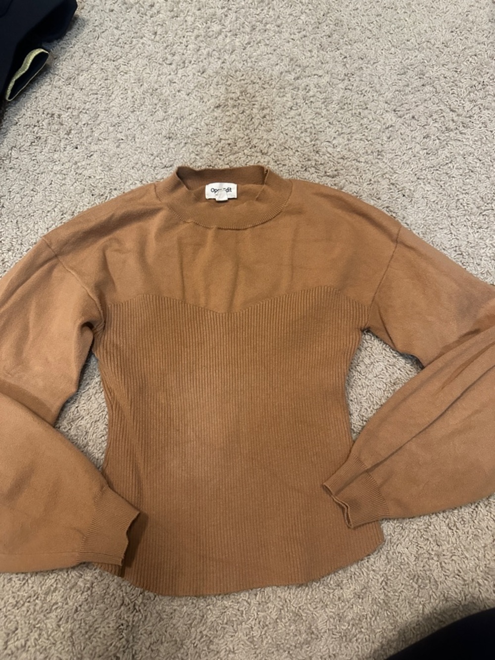 Open Edit Camel-Tone Ribbed Crewneck Sweater